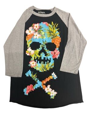 Rebel Society Skull Graphic Raglan Tshirt Small Black Floral Pixel 3/4
